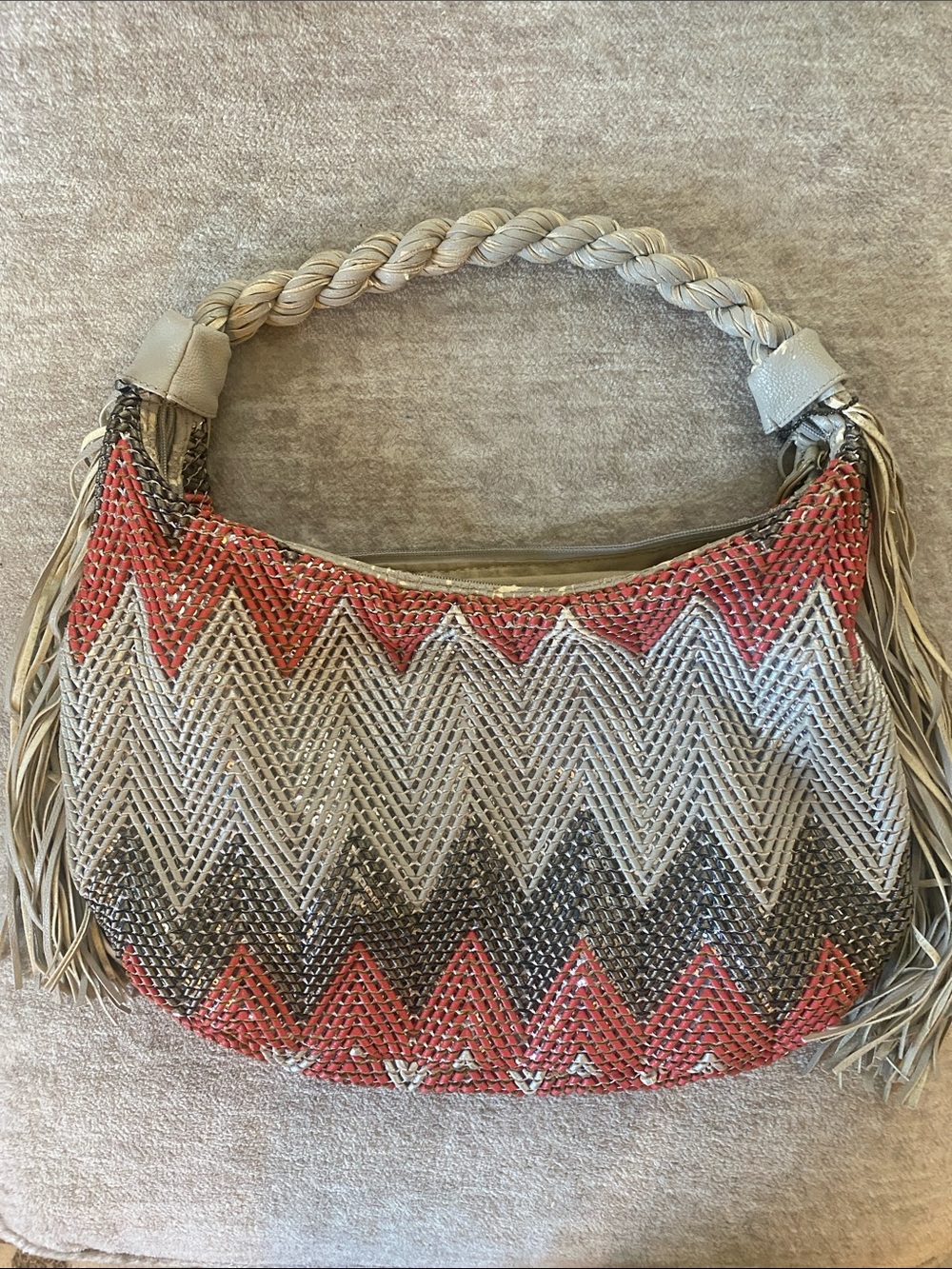 Big Buddha Bohemian Shoulder Bag. Sequins Beads Chevron Pattern Woven Textile